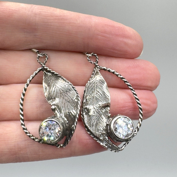 Artisan Sterling Silver CZ Earrings Leaf Modernist Artistic 2" - Picture 2 of 7